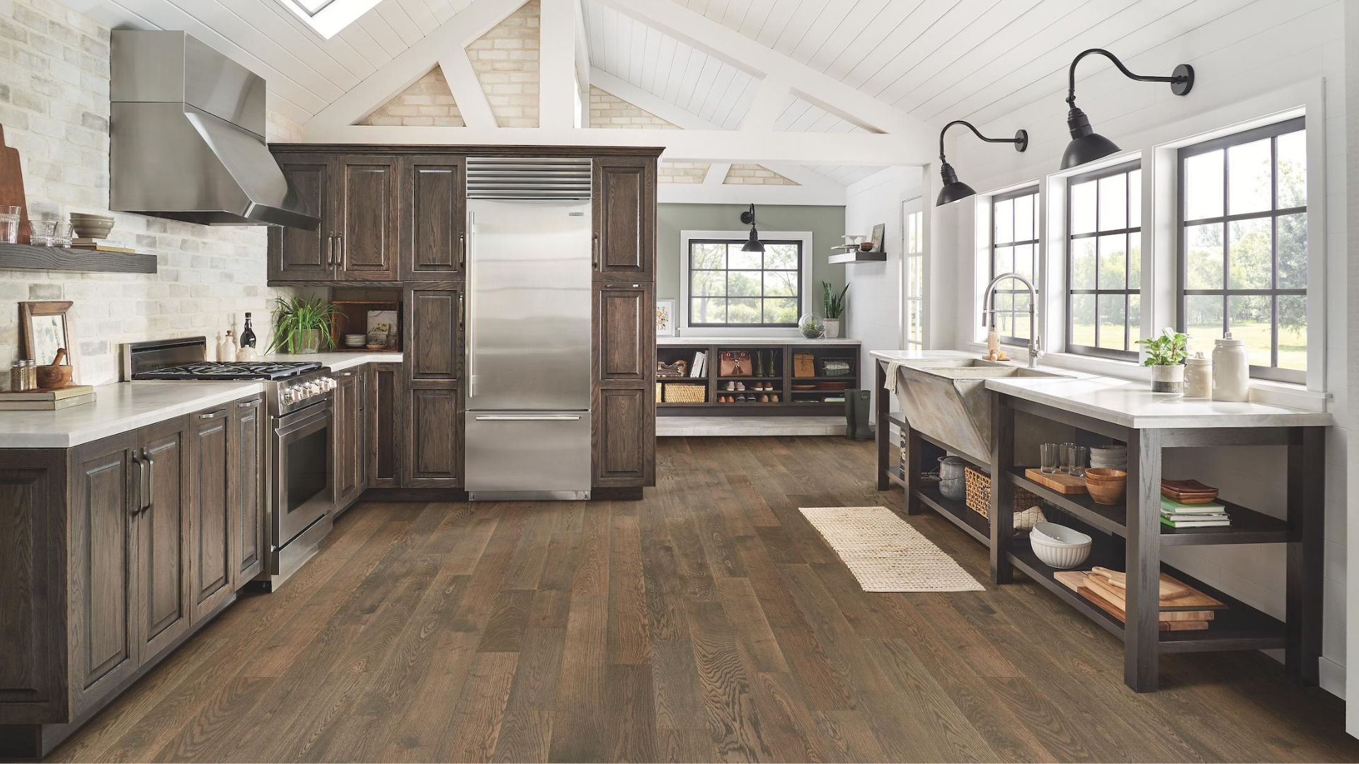 hardwood floors in a rustic farmhouse kitchen